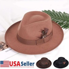 Men Women Classic Fedora Hats Short Brim Felt Feather Hat Panama Dress Hat
