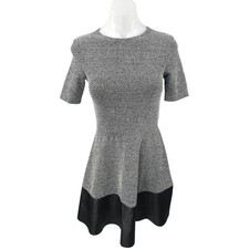 Aqua Gray Tweed Faux Leather Hem Short Sleeve Mini A-Line Fit & Flare Dress Sz S