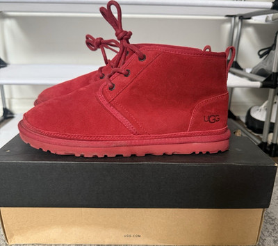 UGG Red Suede Ankle Chukka Boots Lace Up Lined Faux Fur Women s Casual