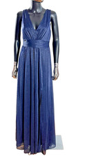 Maxi Vestido de Noche Luxxel Azul Metálico Talla M Sin Mangas Cuello en V Vestido Formal