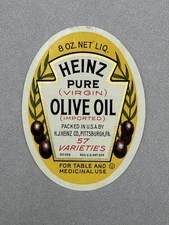 1939 HEINZ Virgin OLIVE OIL 57 Varieties 8 oz LABEL Vintage Advertising