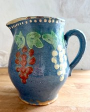 Grande antica brocca francese XIX secolo Alsazia Savoia brocca terracotta blu decorata