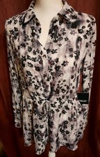 NWT Simply Vera Wang Drawstrin Tunic Blouse Womens Size Med Purple White Floral 
