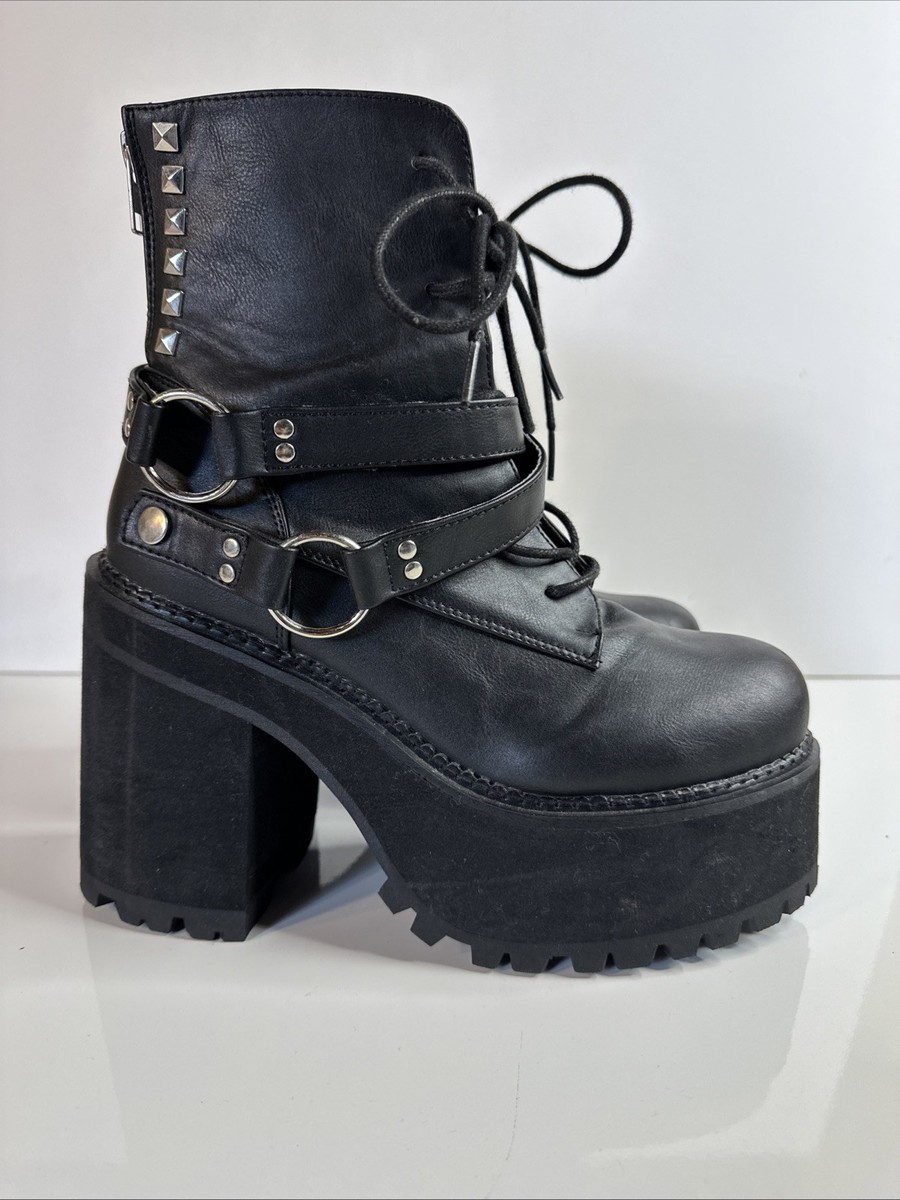 Demonia Assault-101 Platform Black Ankle Boots Womens Size 10 Strap Studded