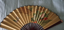 Vintage Large Chinese Fan Bamboo Flowers Birds Landscape Paper Folding 15 x 27