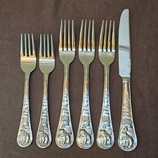 Cambridge BEAR with Fish Satin Flatware Lot of 6; 3 Dinner 2 Salad Forks 1 Knife