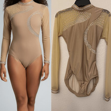 LA dance solo custom tan nude beige long leotard costume mesh rhinestones MA