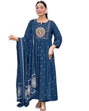 Women Rayon Printed Anarkali Kurta Set with Dupatta