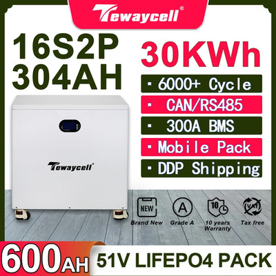 30KWh Powerwall 51.2V 600Ah LiFePO4 Battery Pack Buitl-in 300A BMS CAN RS485 Mon