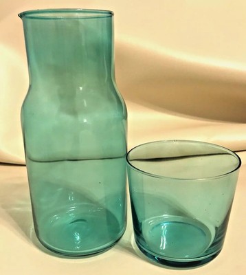 Jonathan Adler BIBA Bedside Carafe Set Aqua Blue Glass With Drinking Glass