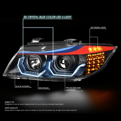 PAIR M-STYLE 3D LED HALO RING PROJECTOR HEADLIGHT/LAMPS BLACK FOR 06-08 BMW E90 - Picture 2 of 12
