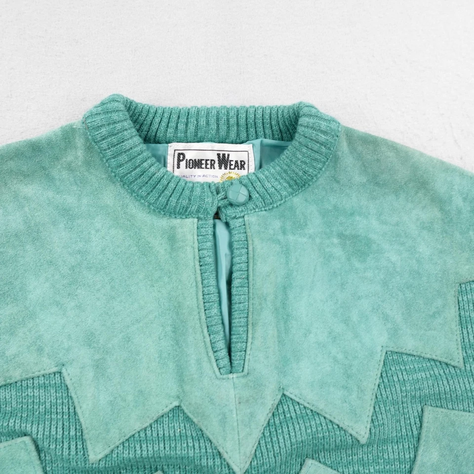 Suéter vintage Pioneer Wear para mujer medio verde azulado gamuza ribete flecos occidental Foto 2 de 4