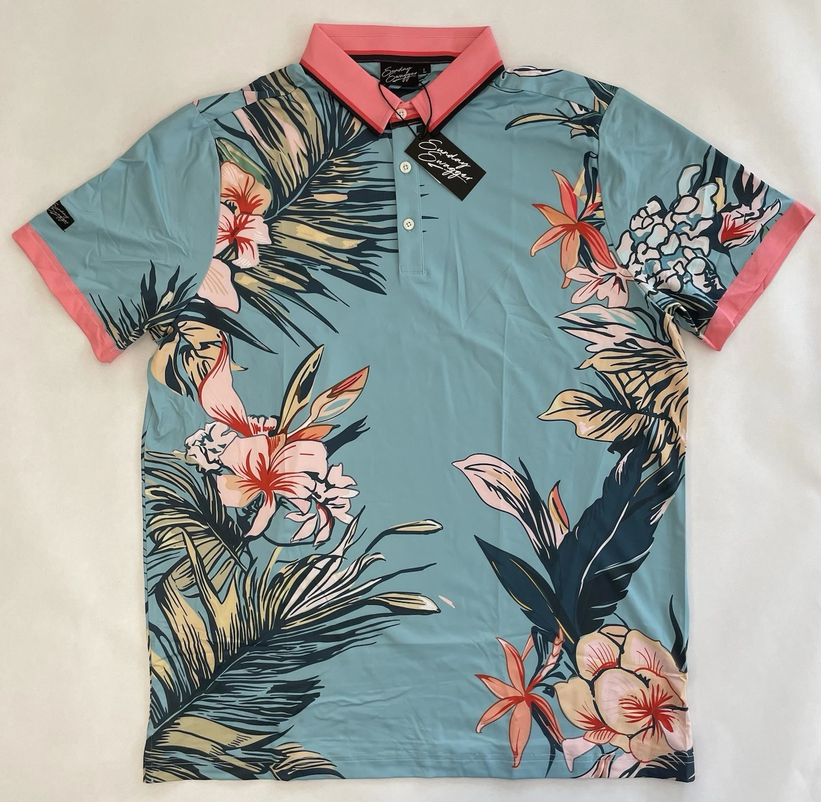 Sunday Swagger Golf Pink Blue Palm Tree Stretch Polo Men's Size Large $64 NWT