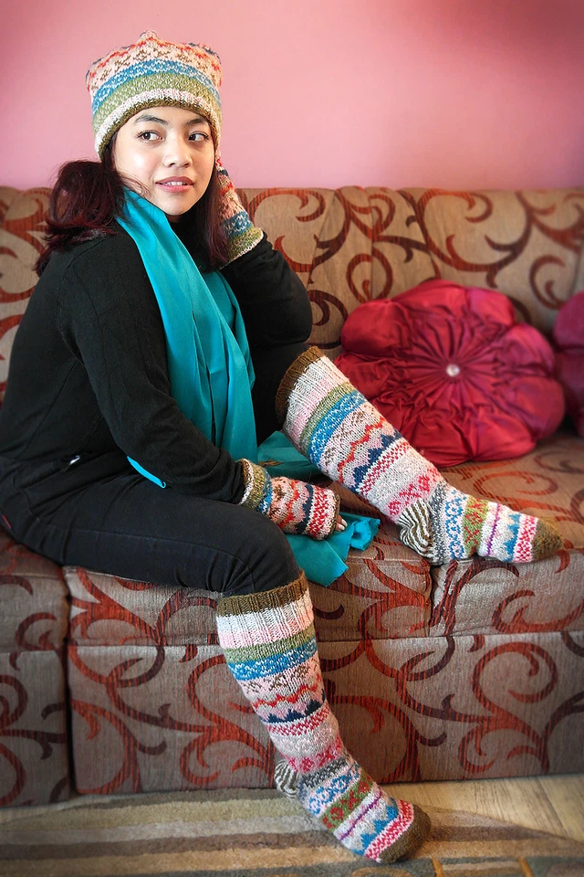 Calentadores de manos de lana verde oliva, rosa mezclado color ganchillo a mano Foto 3 de 3