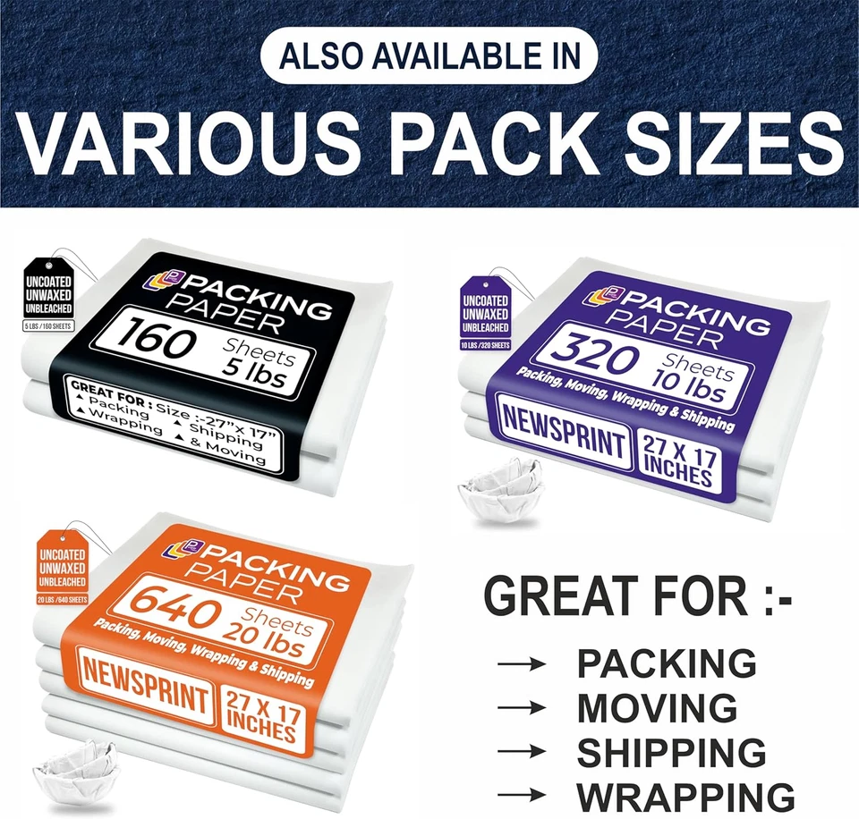 White Packing Paper Sheets for Moving 320 Sheets 27"X17" |10Lb Newsprint - Image 3 of 4
