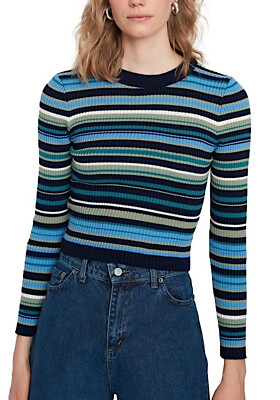 Women's Multicolor Striped Crew Neck Stretch Sweater 1114