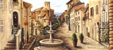 Ceramic Backsplash Tile Mural Street Scene Landscape - Village Fountain