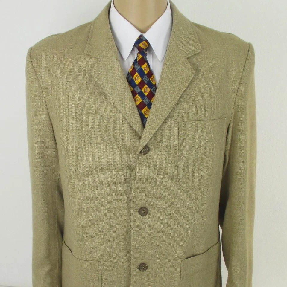 44 R JoS A Bank Solid Beige Silk Wool Linen 3 Btn Mens Jacket Sport Coat Blazer