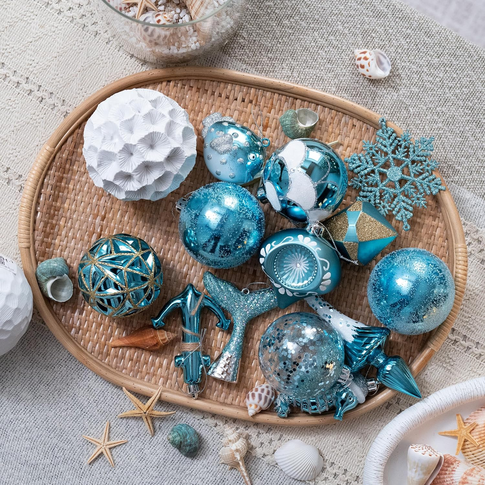 Christmas Tree Decorations Set, 60Ct Light Blue and Silver Shatterproof
