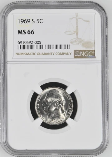 1969-S Jefferson Nickel NGC MS66 Only 8 Higher Blazing White PG Value = $180