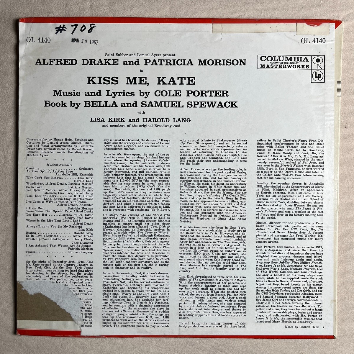 ALFRED DRAKE/PATRICIA MORISON Kiss Me, Kate 1967 Vinyl LP Columbia