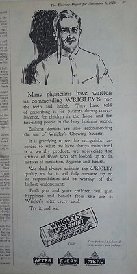 1926 Wrigleys Spearmint Chewing Gum Many Physician After Every Meal Original Ad