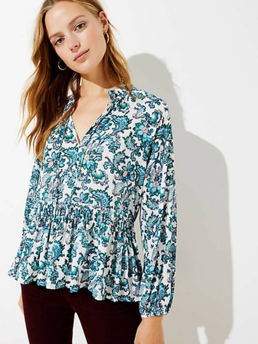 LOFT Whisper White Bohemian Dream Paisley Split Neck Peplum Blouse S, M, L  | eBay