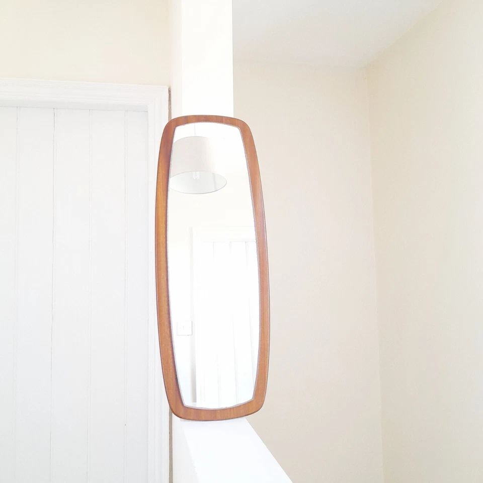 70s MCM Teak Wall Mirror Rectangular Portrait Danish Scandi Vintage 30.5 x 11.5" - Image 2 of 4