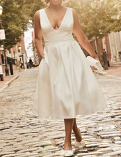 DB Wedding-White Satin Tea-Length A-Line Dress With Pockets-Size 8 
