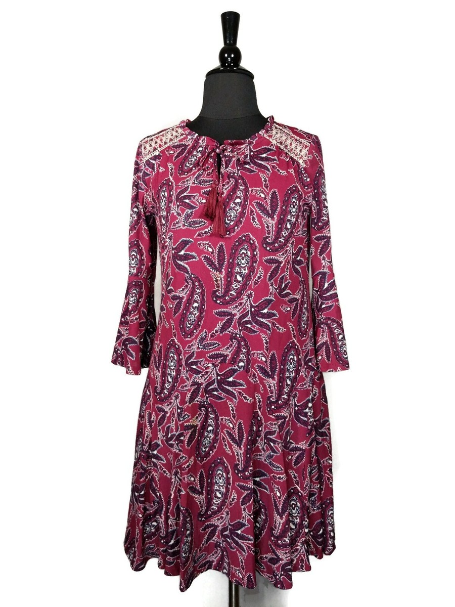 Style & Co Burgundy Paisly Long Sleeve Shift A-Line Dress Size PS