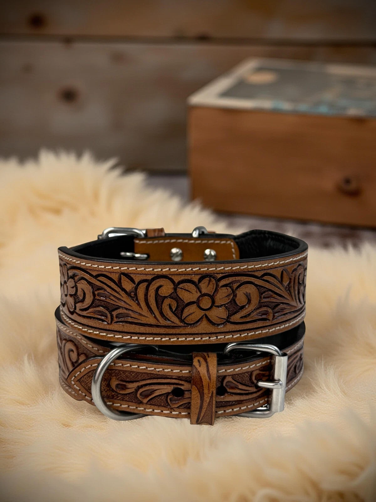 Western Leather Handmade Pet Dog Collar Heavy Duty Hand Tooled Adjustable