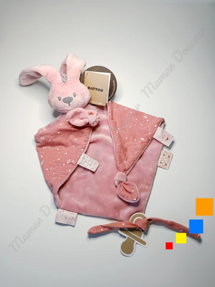 Doudou Plat Triangle Lapin Rose Luminescent Etoile Planète Attache Tétine Nattou - Photo 4/4