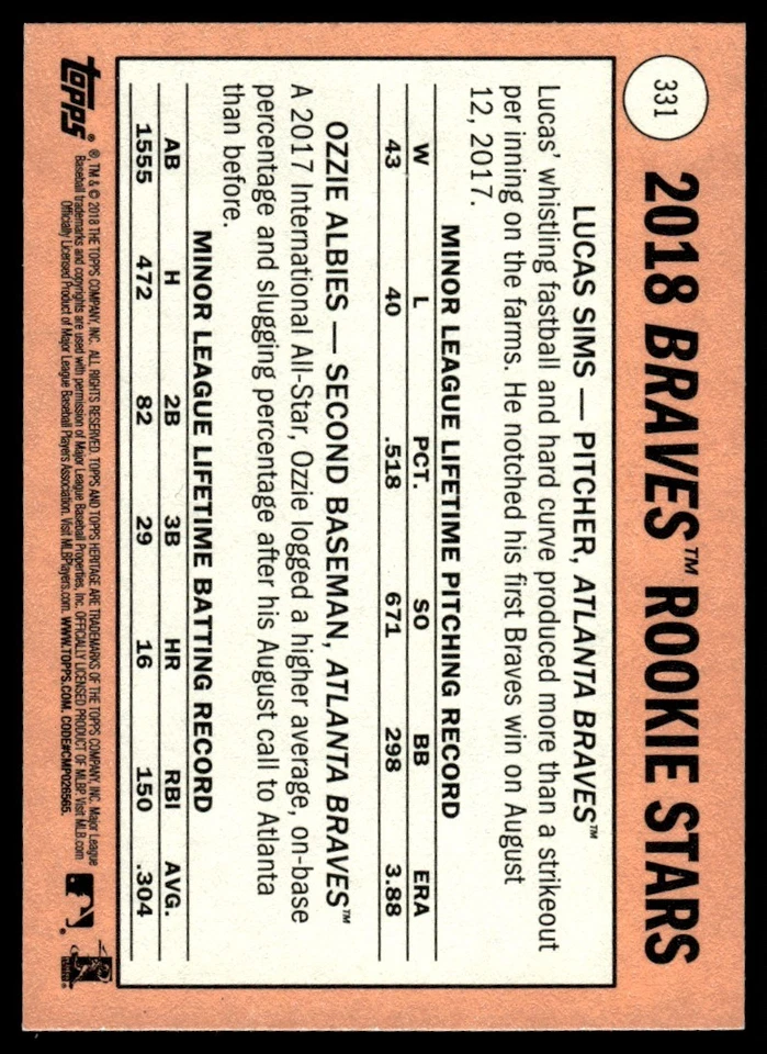 2018 Topps Heritage Ozzie Albies/Lucas Sims Rookie Atlanta Braves #331 - Image 2 of 2