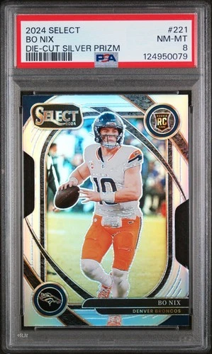 2024 Panini Select - Club Level Bo Nix #221 Silver Prizm Die-Cut (RC) PSA 8