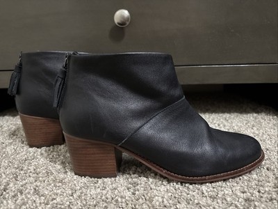 Toms Carpe Diem Black Leather Ankle Booties with Tassel and Zipper Back Size 10