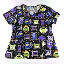 Scrub Top Sz M Halloween Skeletons Monsters Witches Ghost Black Pockets