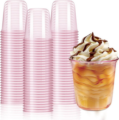 100Pcs Pink Plastic Cups,12 Oz Disposable Pink Drinking Cups Stemless Wine Glass