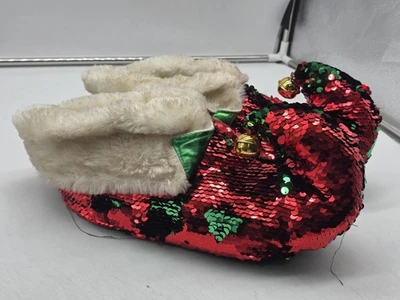 Christmas Elf Slippers Shoes Mens Size L XL 9-11 Red Green Sequin Jingle Fuzzy - Image 1 of 4