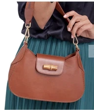 MARK & GRAHAM TAYLOR TWILL LEATHER CRESCENT SHOULDER BAG striped twill side