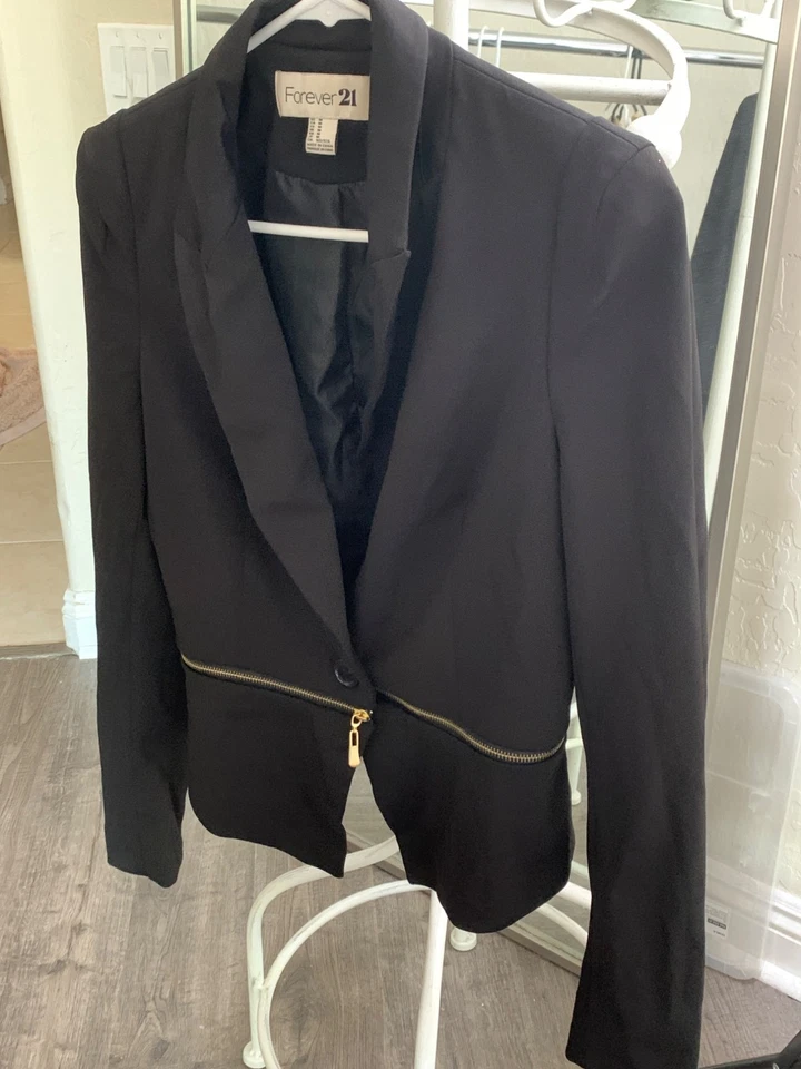 Chaqueta Blazer Forever21 Negra Ajustada M Cremallera Dobladillo Peplum Recortado RY10373 Foto 2 de 4