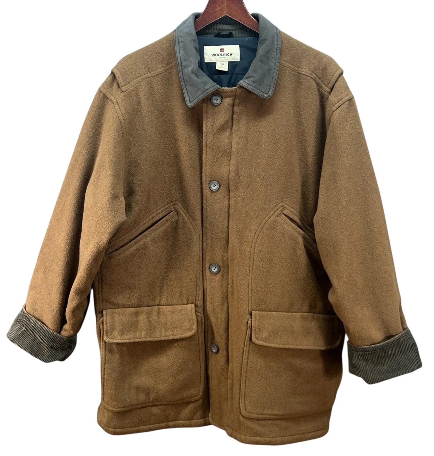 Vtg 90s Woolrich men XL leather collar wool chore barn jacket Insulated (Read)