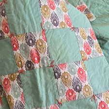 Tied Quilt Crib Blanket Leaf Print Green Cotton 39x36" Signed 2012 Handmade