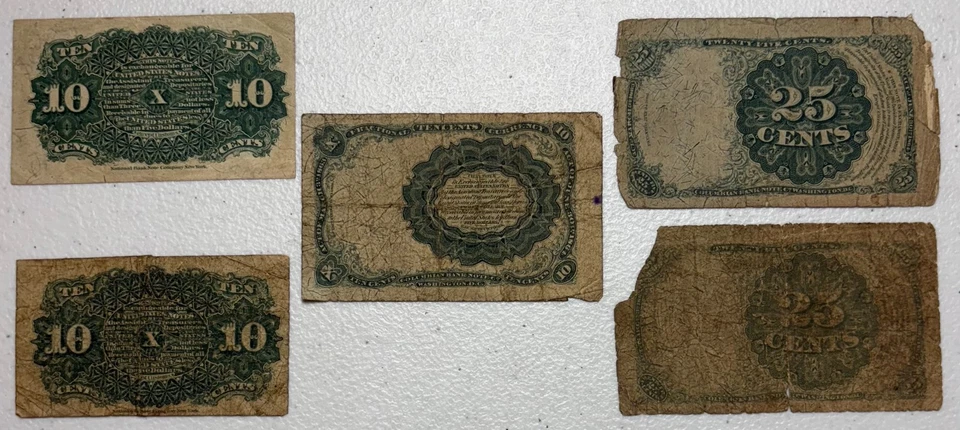 5 U.S. Fractional Currency Notes – 10¢ & 25¢ Civil War Era 1863–1874 Lot - Image 2 of 4