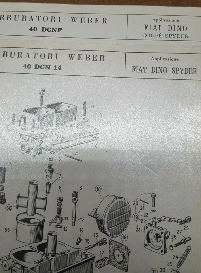 2 fogli spaccato dei carburatori weber fiat dino coupé-spyder - Immagine 2 di 2