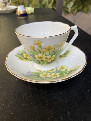 Vintage Radford English Bone China Teacup With Yellow Primroses 24 Carat Gold