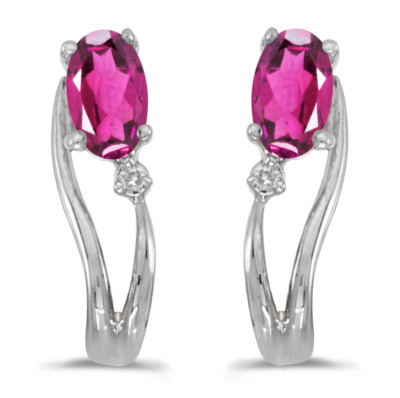 Ohrringe 14 Karat Weißgold ovaler rosa Topas und Diamant Welle