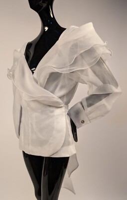 VINTAGE 1990’S SHEER WHITE ORGANZA RUFFLED WRAP JACKET W LONG TIES BY