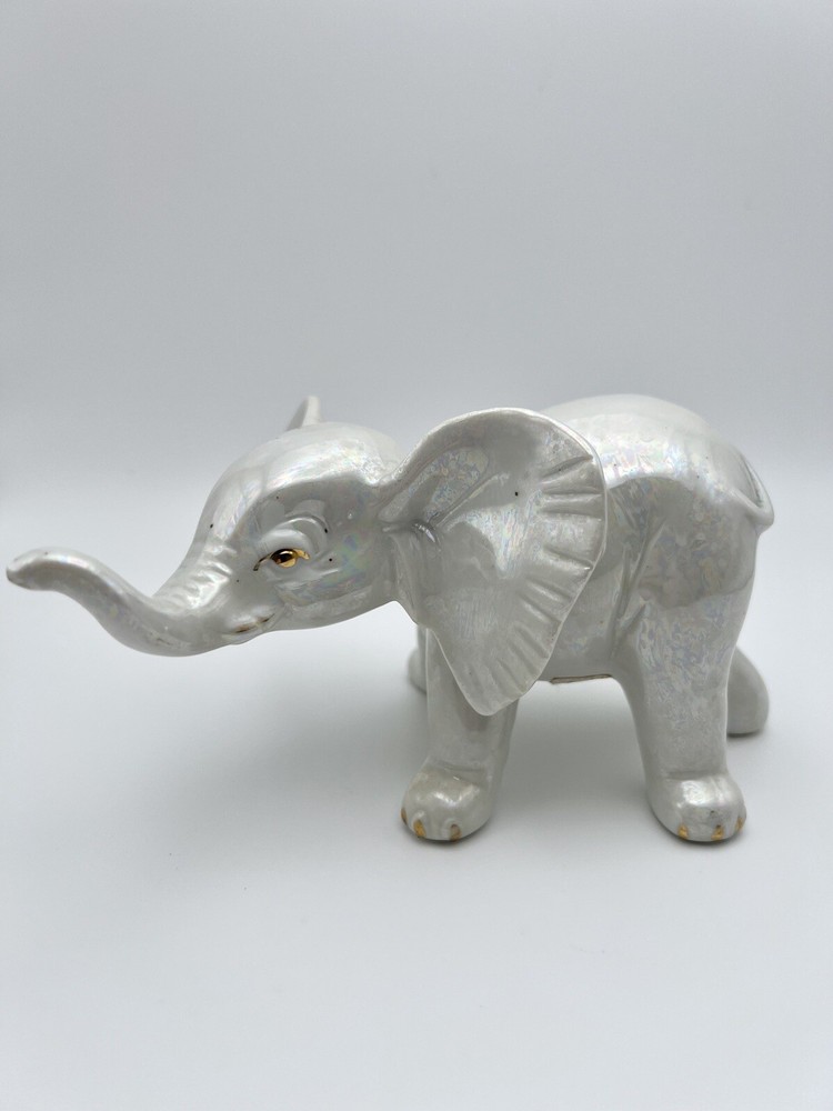 Vintage White Iridescent/opalescent Elephant Figurine Gold Trim