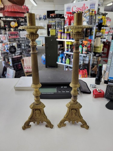 Vintage Pair Of Brass Jesus, Mary & Joseph Church Altar Candlestick Holders.