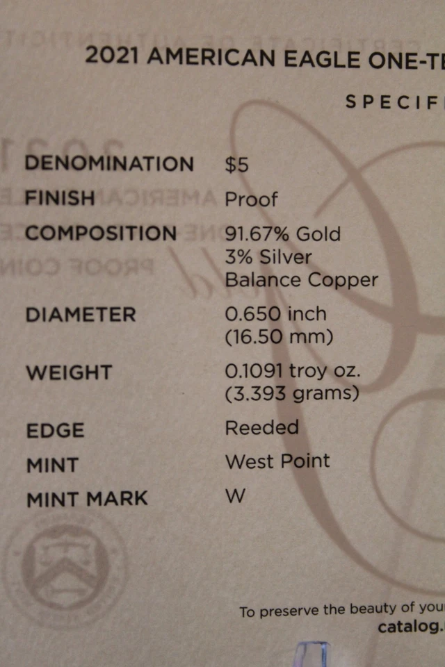 American Eagle Gold Proof 2021 W 1/10 oz $5 en OGP - ¡Raro tipo 1 el año pasado! Foto 4 de 4